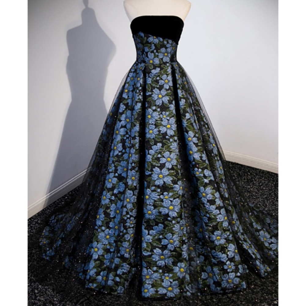 Elegant Black and Blue Floral Strapless Dress
